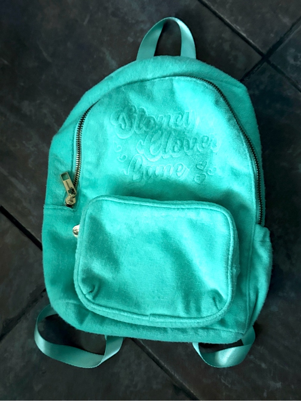 Stoney Clover Lane Teal Velvet Mini Backpack with Gold Zippers
